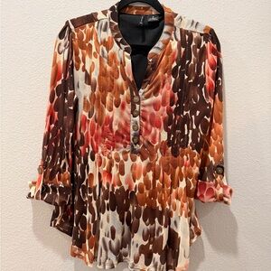 🍂 New Directions Chic Cream, Brown & Orange L/S V-Neck Blouse – Size L 🍂